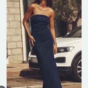 NWT Zara Denim Strapless Midi Dress Navy Blue